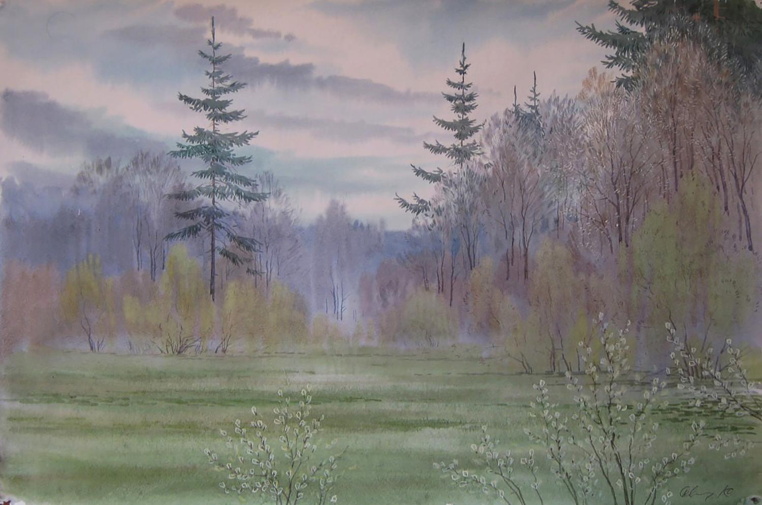 Watercolor Spring forest painting by Valery Savenets with evergreens and blossoms