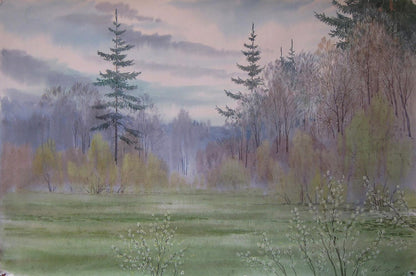 Watercolor Spring forest painting by Valery Savenets with evergreens and blossoms
