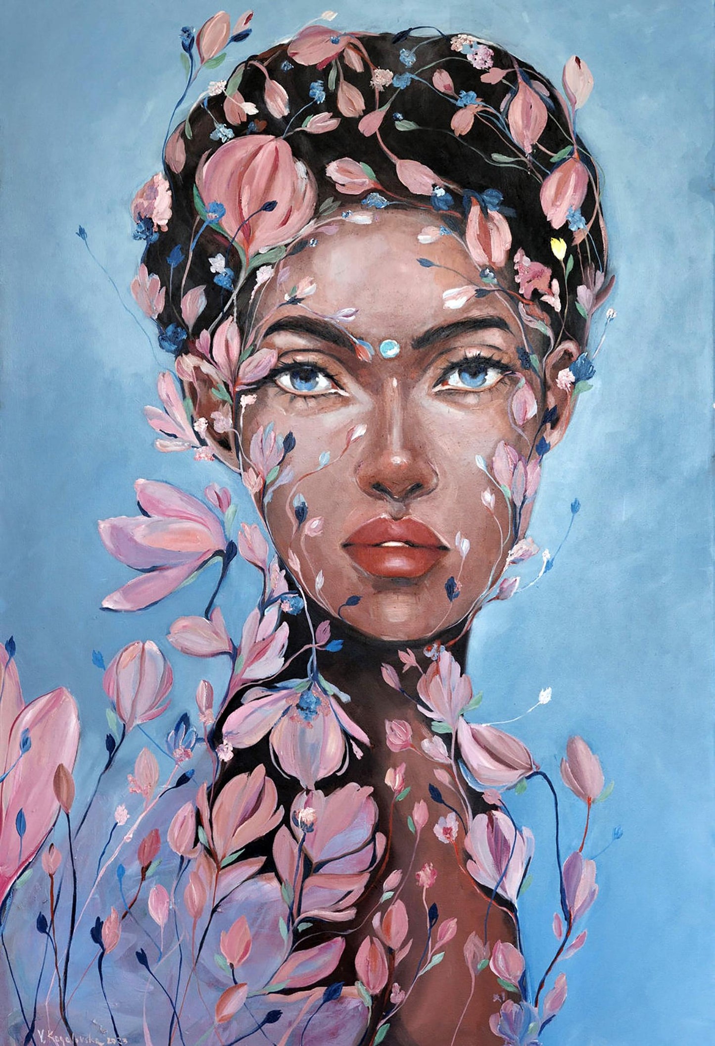 Oil painting Transformation by Victoria Kagalovska: woman with floral motifs