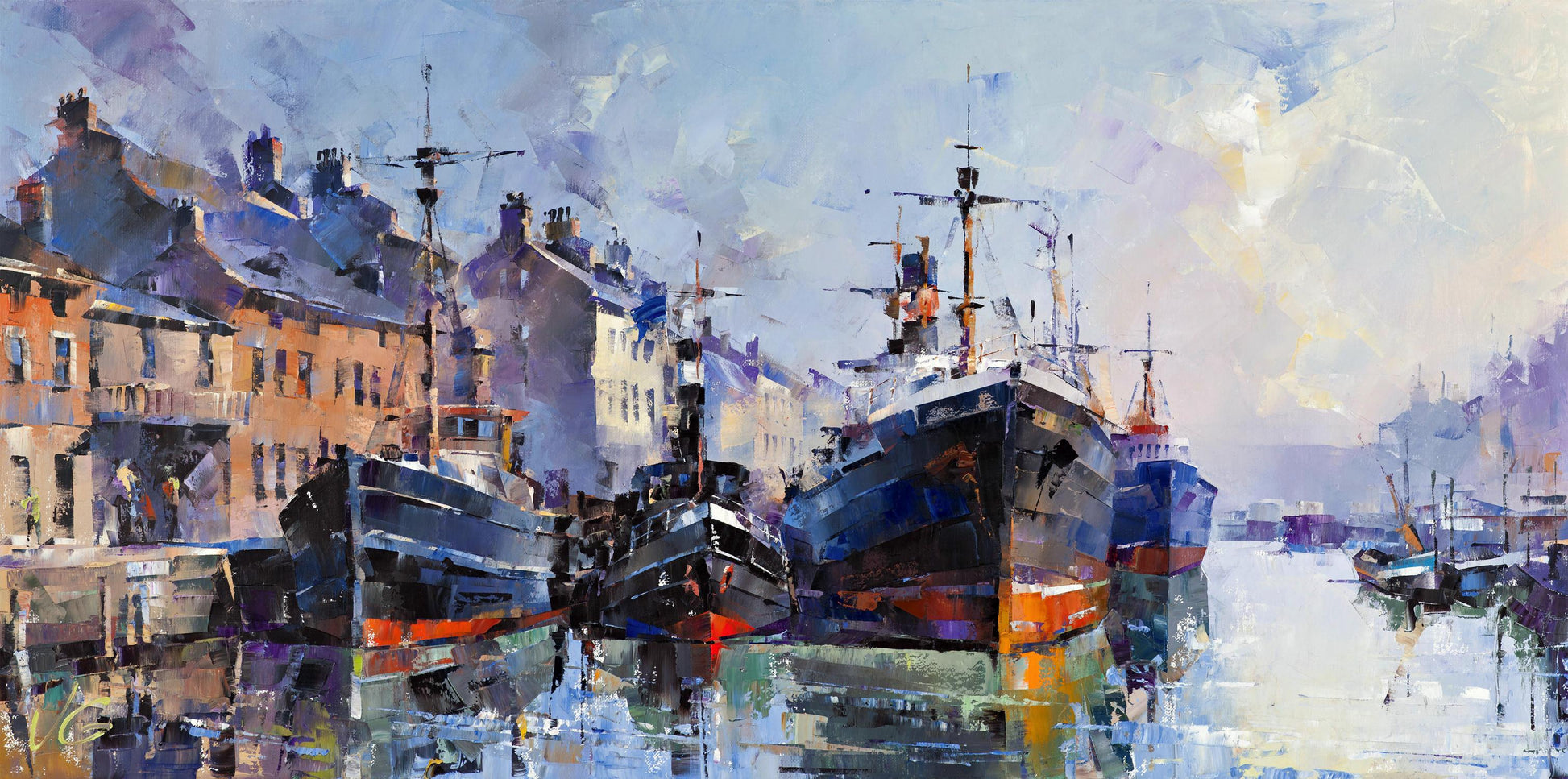 Vibrant impressionist oil painting Morning Glow by Volodymyr Gluhomanyuk, harbor scene