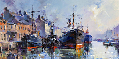 Vibrant impressionist oil painting Morning Glow by Volodymyr Gluhomanyuk, harbor scene