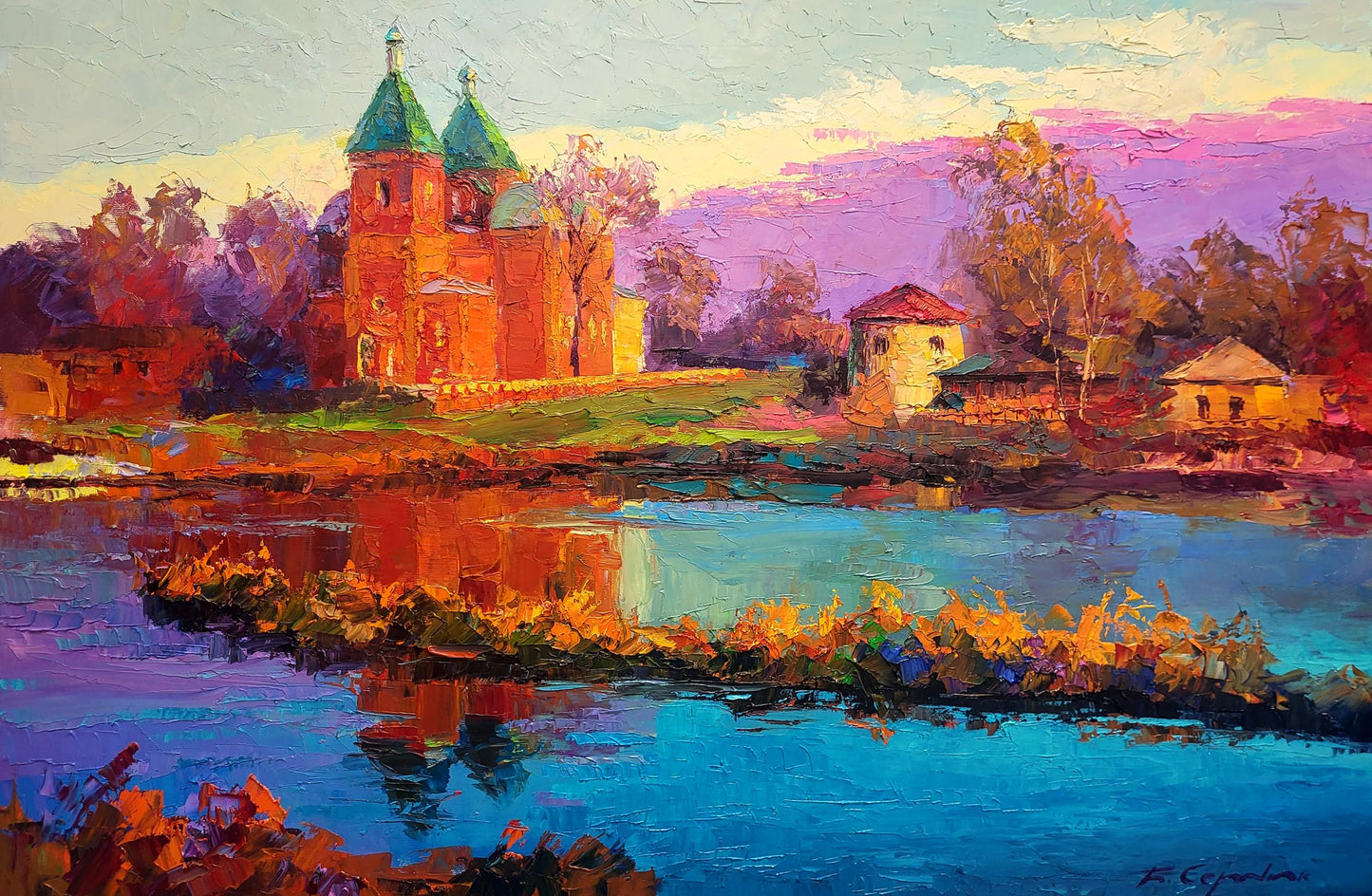 Vibrant impressionist oil painting Evening near the church by Boris Serdyuk