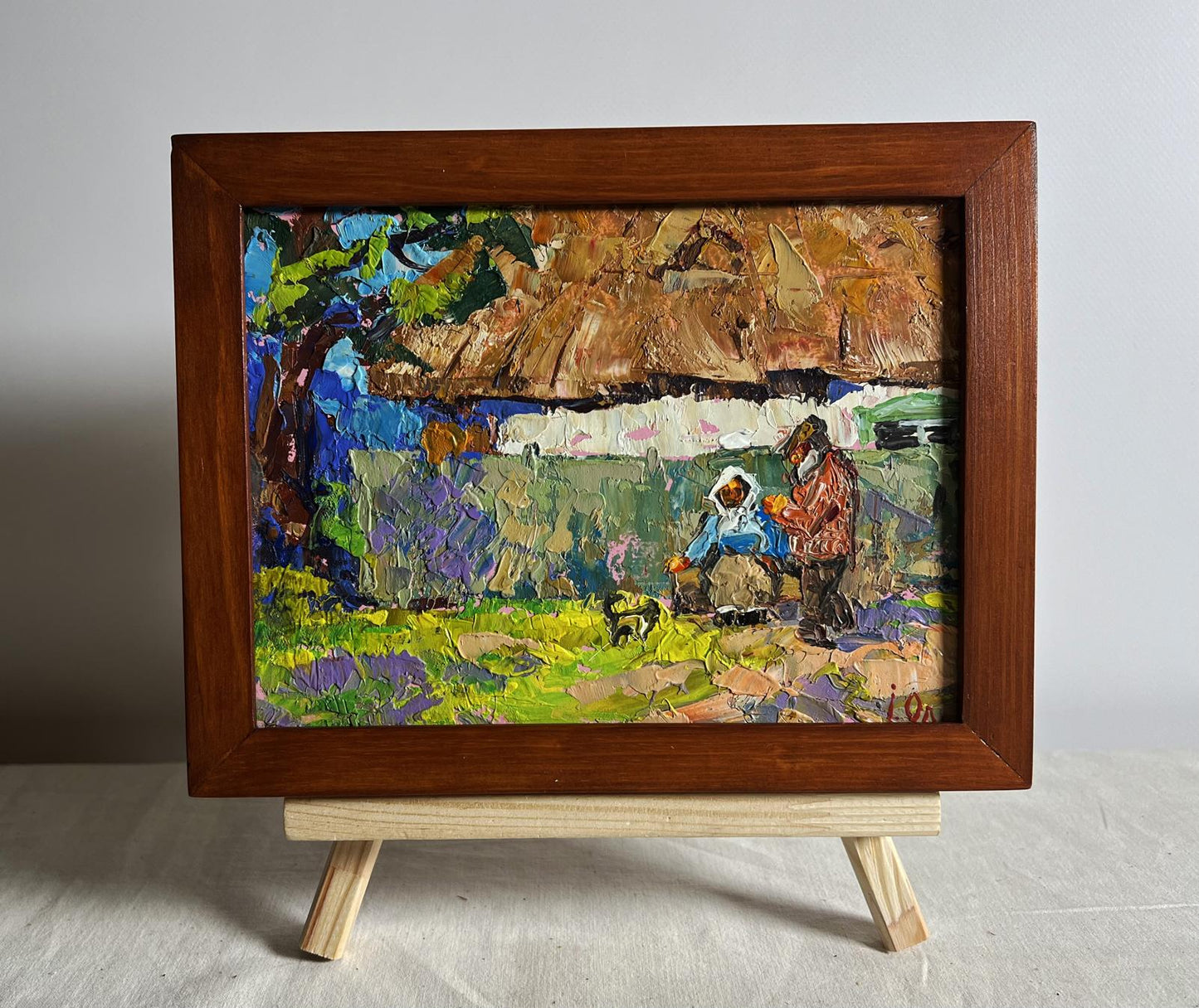 Oil painting Quiet village conversation by Oleksiy Ivanyuk in wooden frame