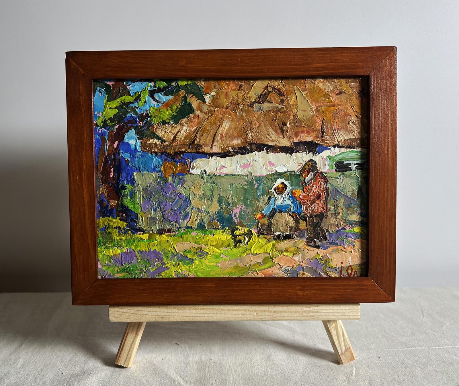Oil painting Quiet village conversation by Oleksiy Ivanyuk in wooden frame