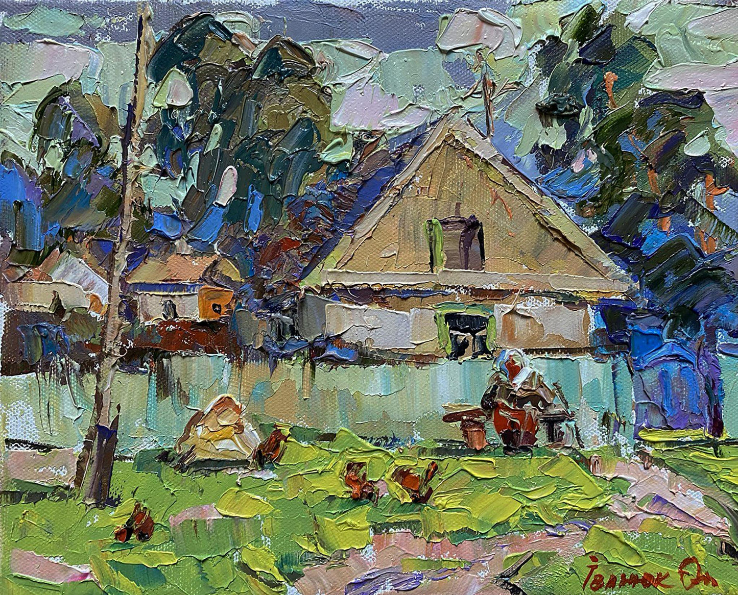 Oil painting Near the Yard by Oleksiy Ivanyuk: rustic thatched house in greenery