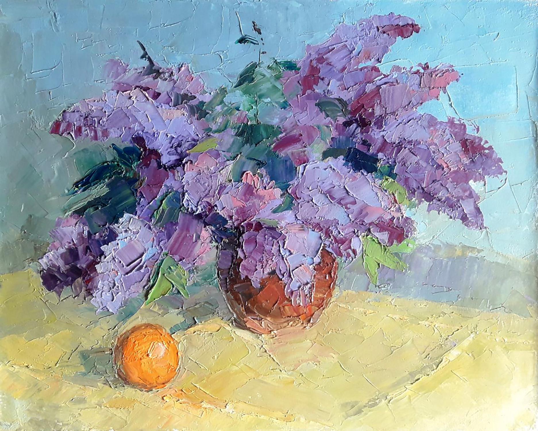 Oil painting of vibrant purple lilacs in earth-toned vase by Boris Serdyuk