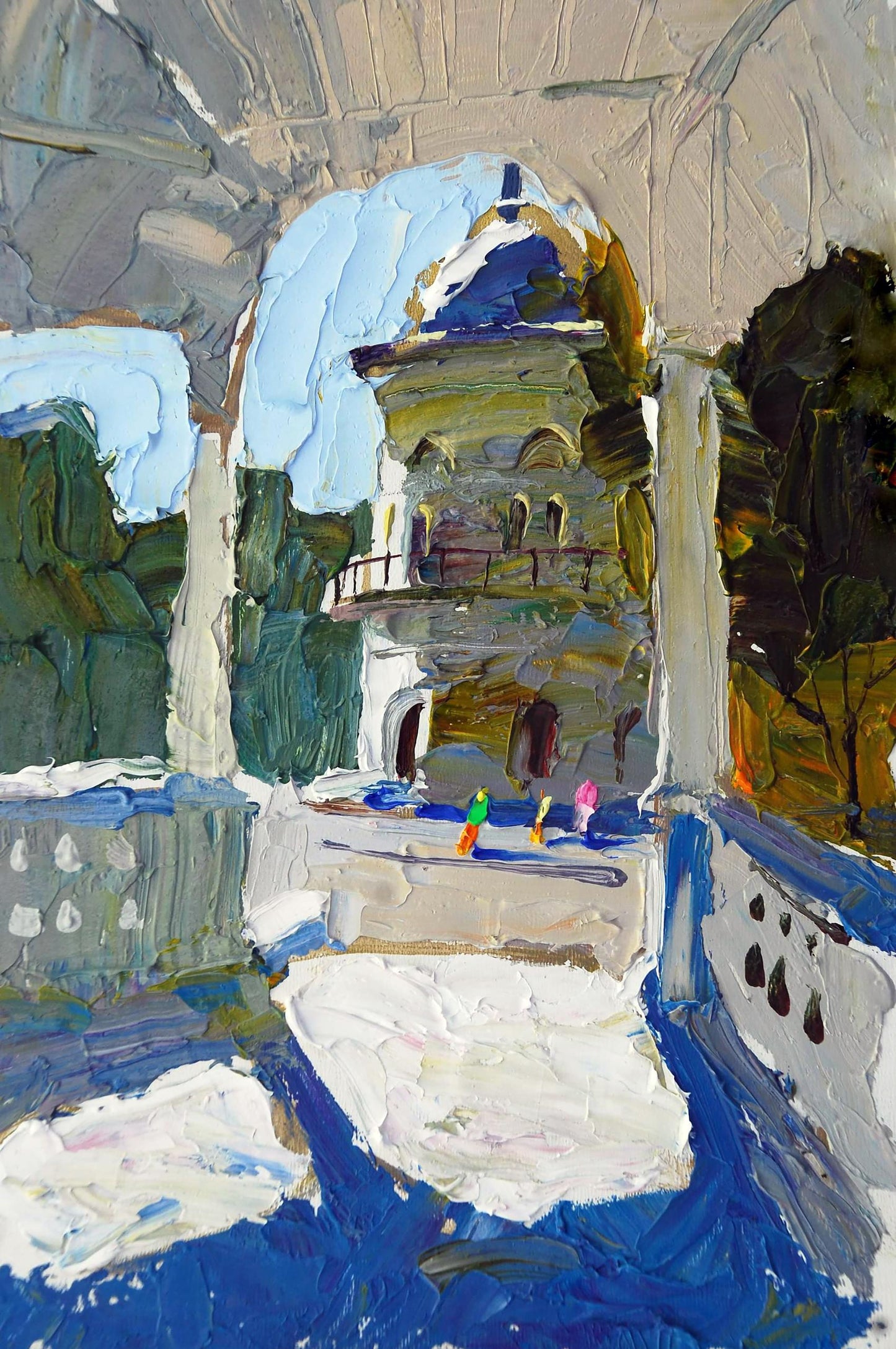 Vibrant impressionist oil painting of blue-domed building in mountains by Egor Shvachunov