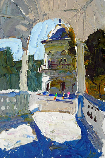 Vibrant impressionist oil painting of blue-domed building in mountains by Egor Shvachunov