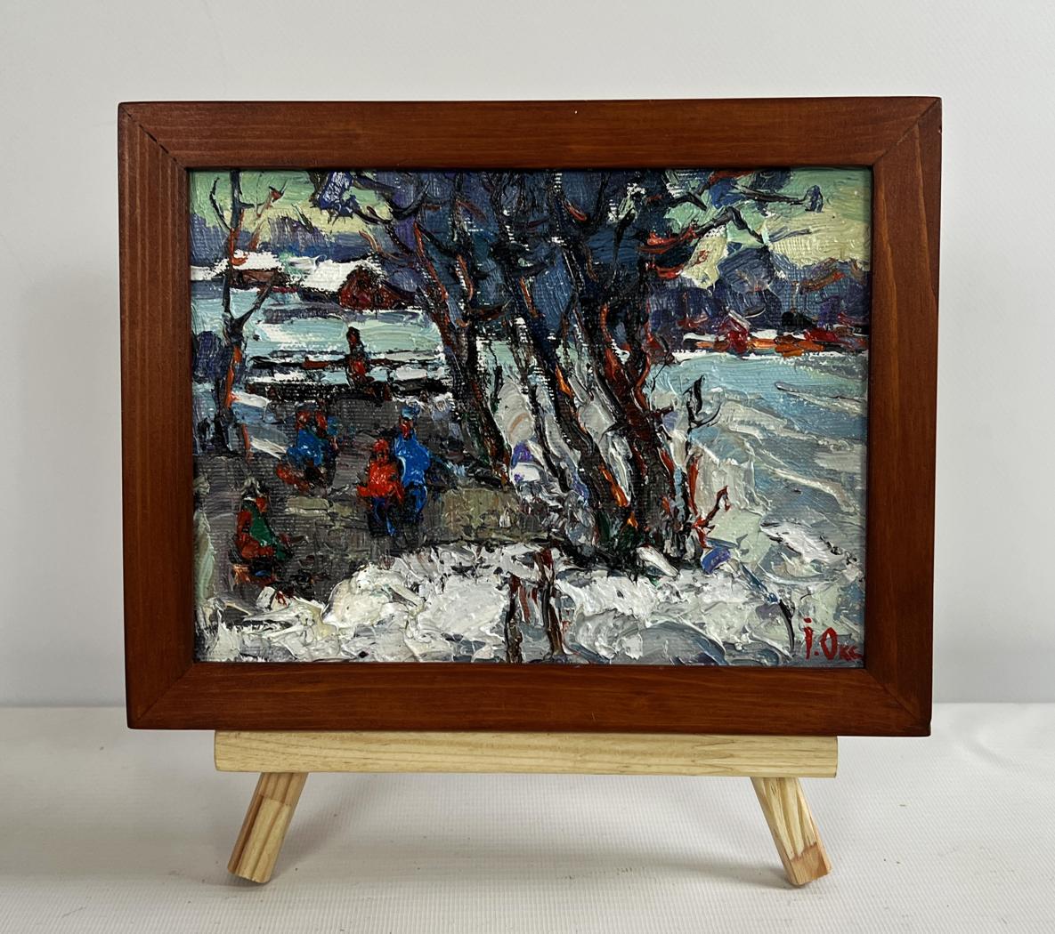 Oil painting First winter ice by Oksana Ivanyuk snowy scene in rustic frame