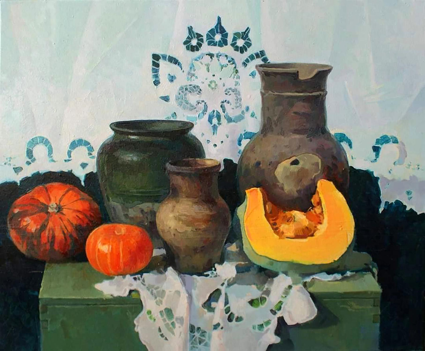 Rustic brown ceramic pitcher in Anastasia Yaroshevich oil painting still life with pumpkins