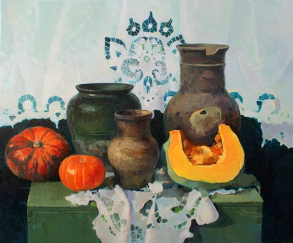 Rustic brown ceramic pitcher in Anastasia Yaroshevich oil painting still life with pumpkins