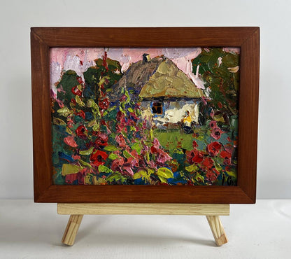 Oil painting Mallows are blooming in the garden by Oksana Ivanyuk in wooden frame
