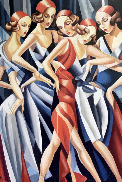 Vibrant art deco oil painting of slender girls in red blue white gowns by Victor Konotopsky inspired by Franz Metzinger