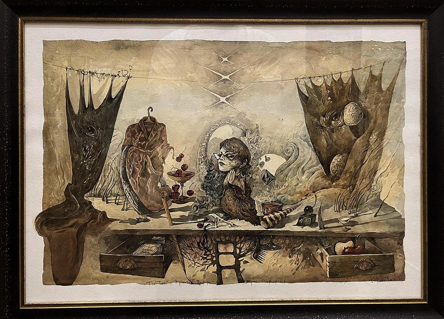 Sepia-toned framed artwork of woman in ornate room with Dürer’s Rabbit by Yuriy Laptev