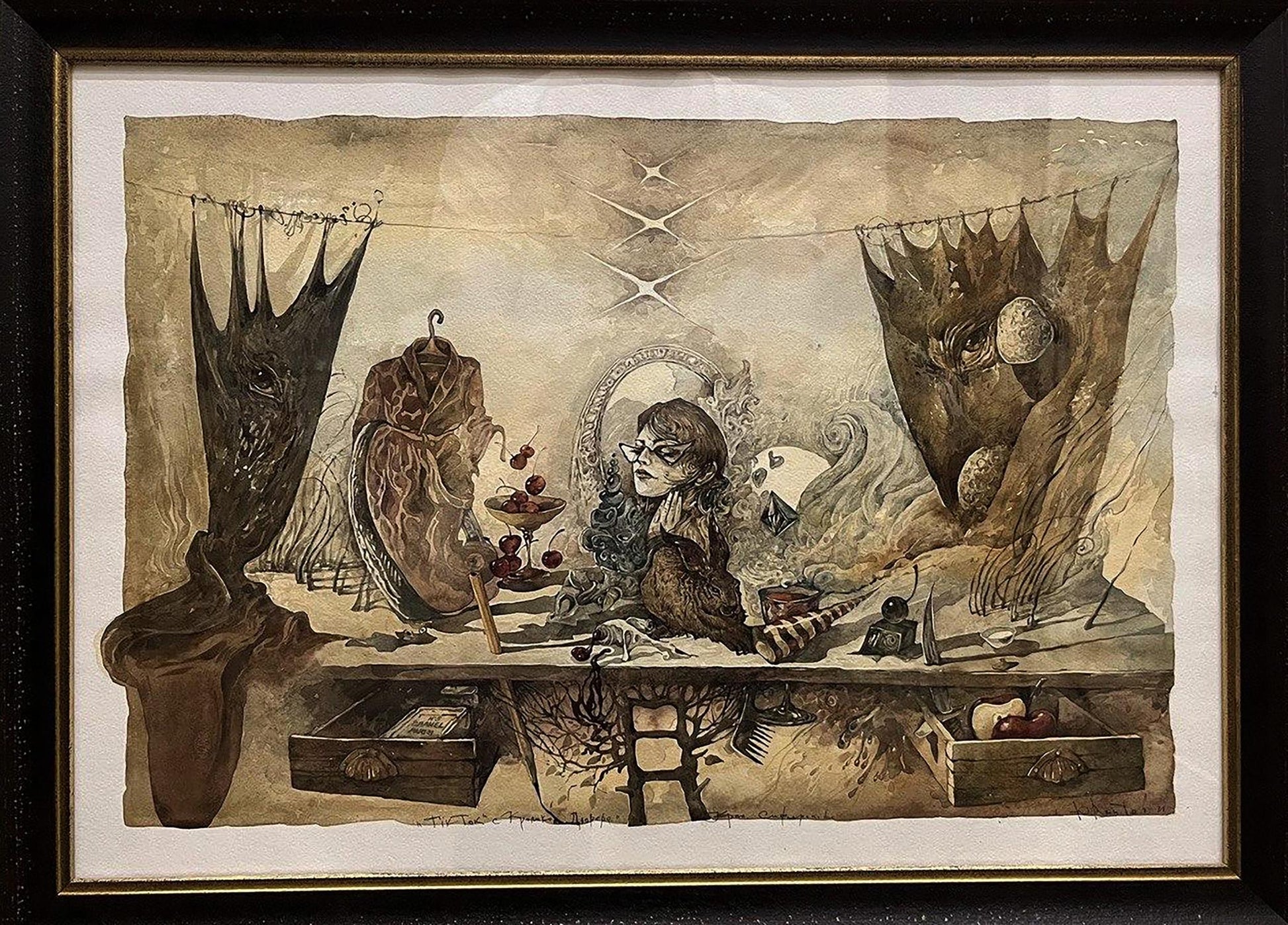 Sepia-toned framed artwork of woman in ornate room with Dürer’s Rabbit by Yuriy Laptev