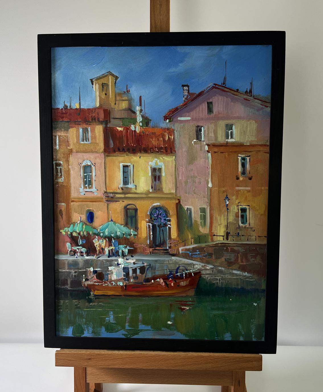 Framed Oil Painting City with Boats by Yuriy Suprunchuk canal scene
