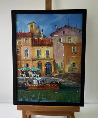Framed Oil Painting City with Boats by Yuriy Suprunchuk canal scene