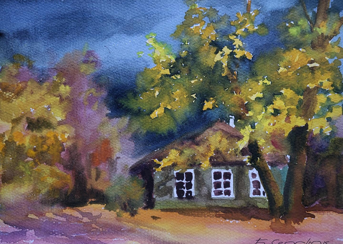 Watercolor painting Leaves at the Doorstep by Boris Serdyuk cozy cottage autumn foliage