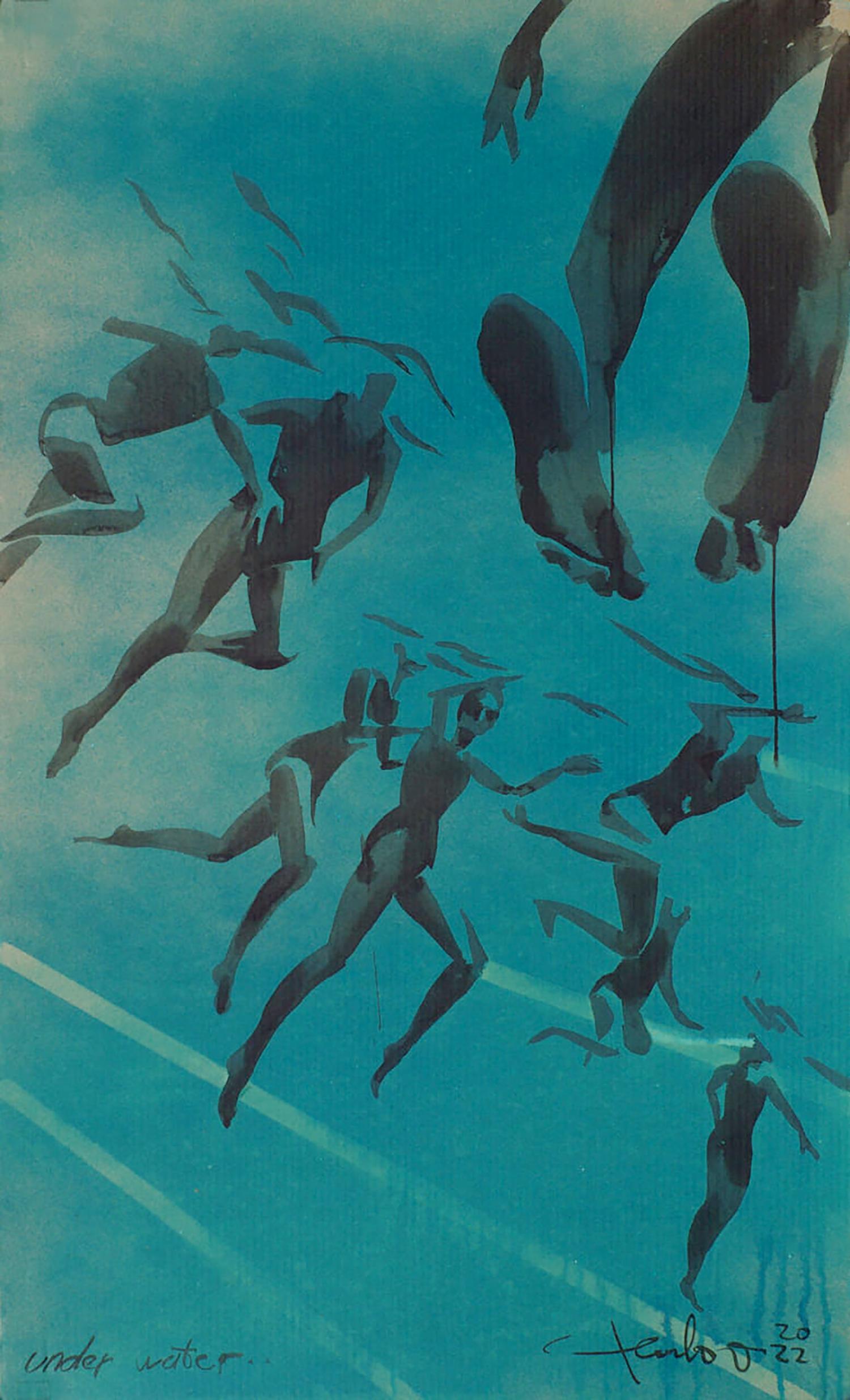 Watercolor painting Under Water by Helio, stylized swimmers in blue aquatic scene