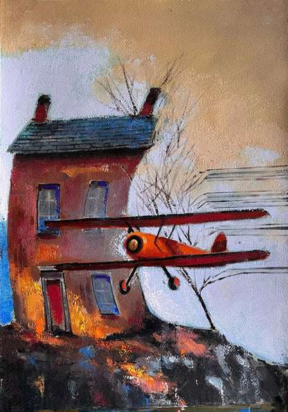 Vibrant orange biplane with red wings flies past rust-red house by Juan Angel Gonzalez de la Calle