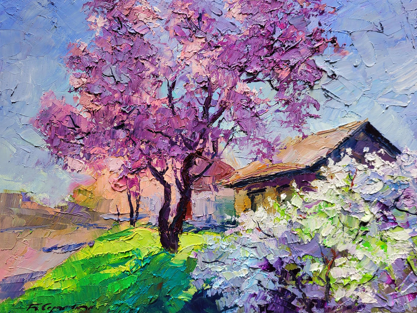 Oil painting May by Boris Serdyuk: impressionist tree with purple pink petals