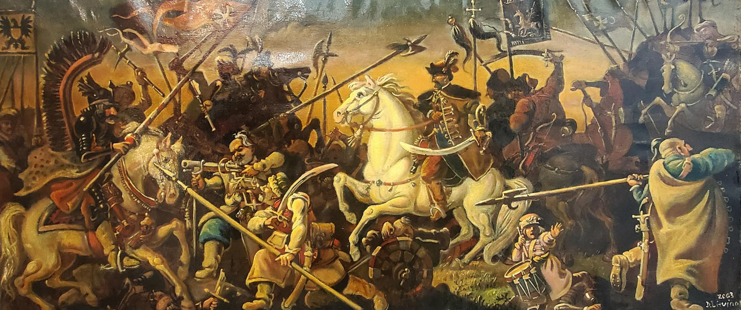 Oil painting of white horse with red harness in Battle of Zaporozhians vs Poles by Daniil Litvinov