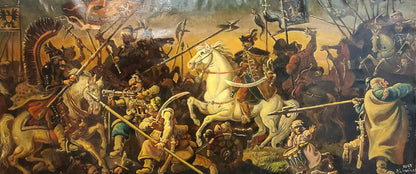 Oil painting of white horse with red harness in Battle of Zaporozhians vs Poles by Daniil Litvinov