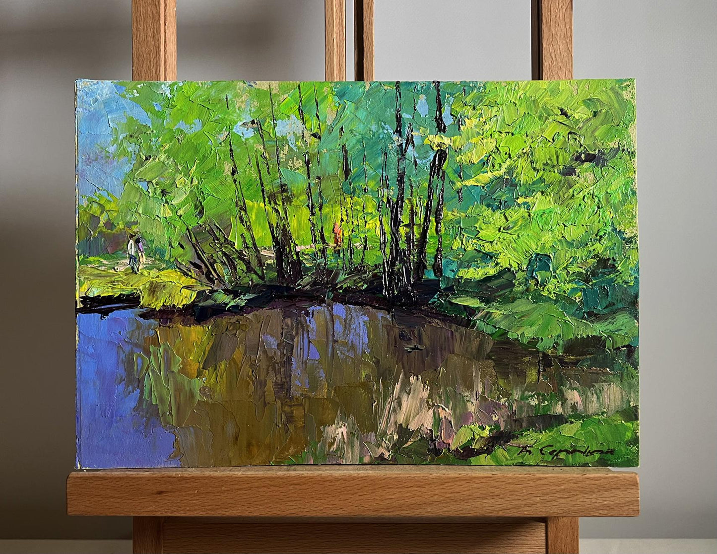 Vibrant impressionist oil painting Warm days of spring by Boris Serdyuk on wooden easel
