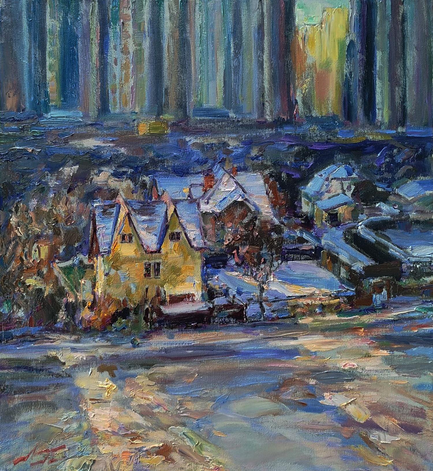 Vibrant yellow house by Leonid Pavlenko, snow-dusted roof in winter trees oil painting