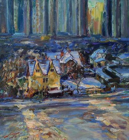 Vibrant yellow house by Leonid Pavlenko, snow-dusted roof in winter trees oil painting
