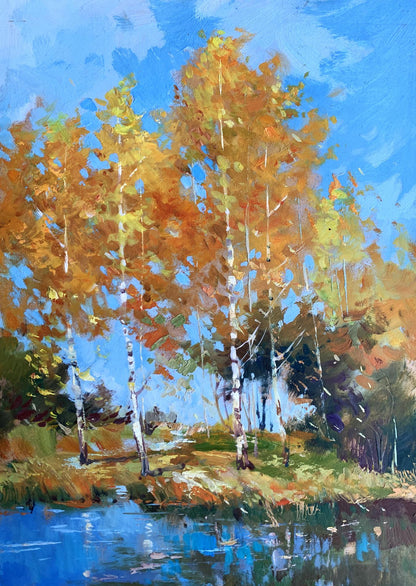 Vibrant oil painting of orange birch forest by Yuriy Suprunchuk