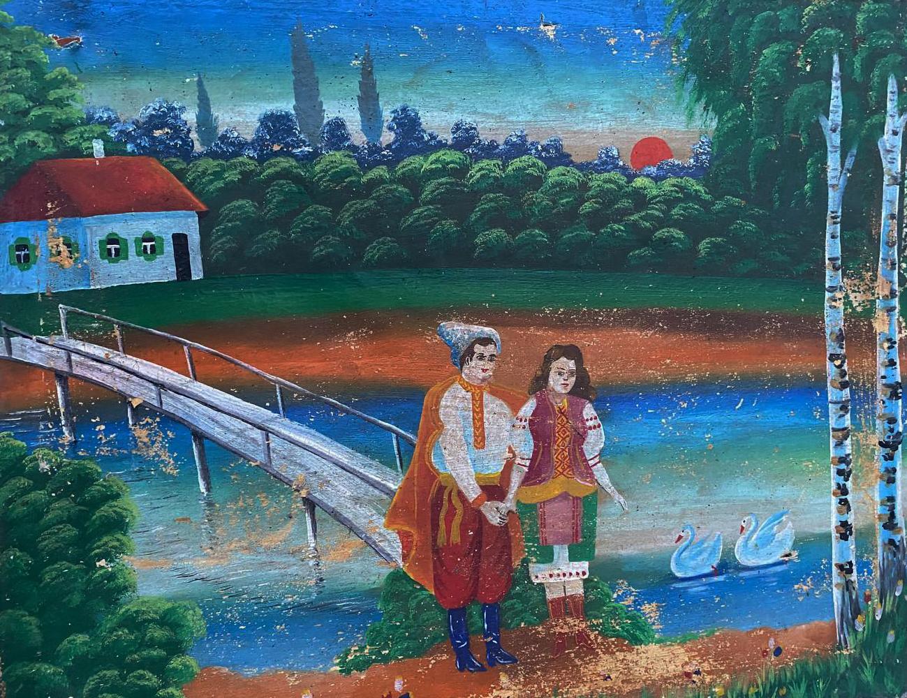 Oil painting of couple with swans by unknown artist on wooden bridge