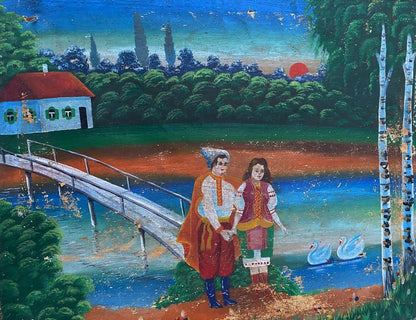 Oil painting of couple with swans by unknown artist on wooden bridge