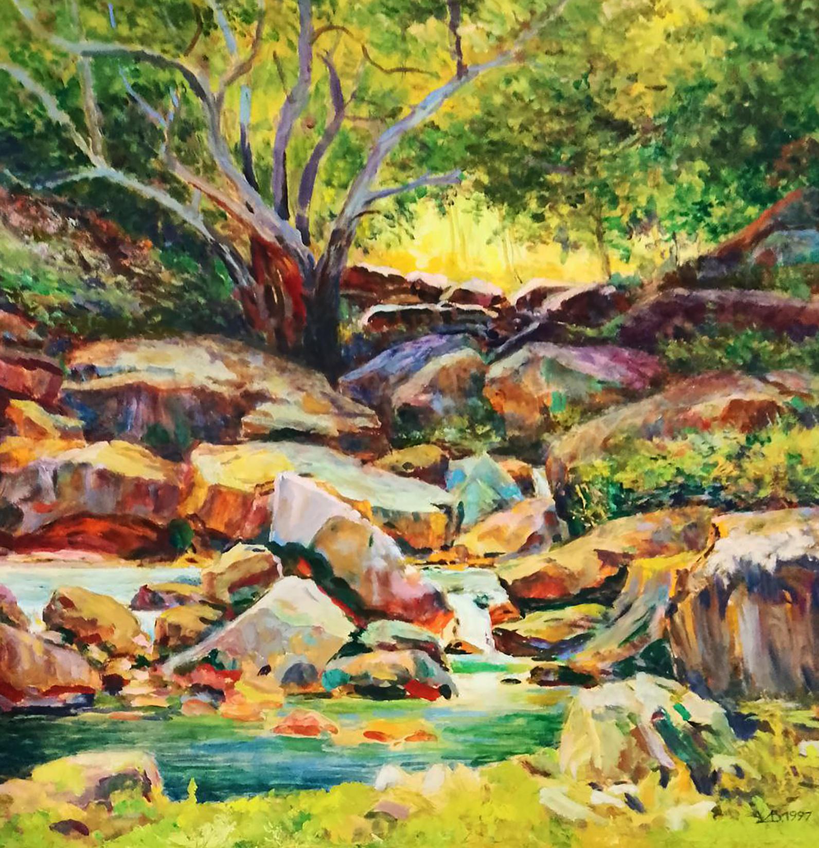 Vibrant impressionist oil painting of sunlit forest lake stream by Vitaly Duhnevich