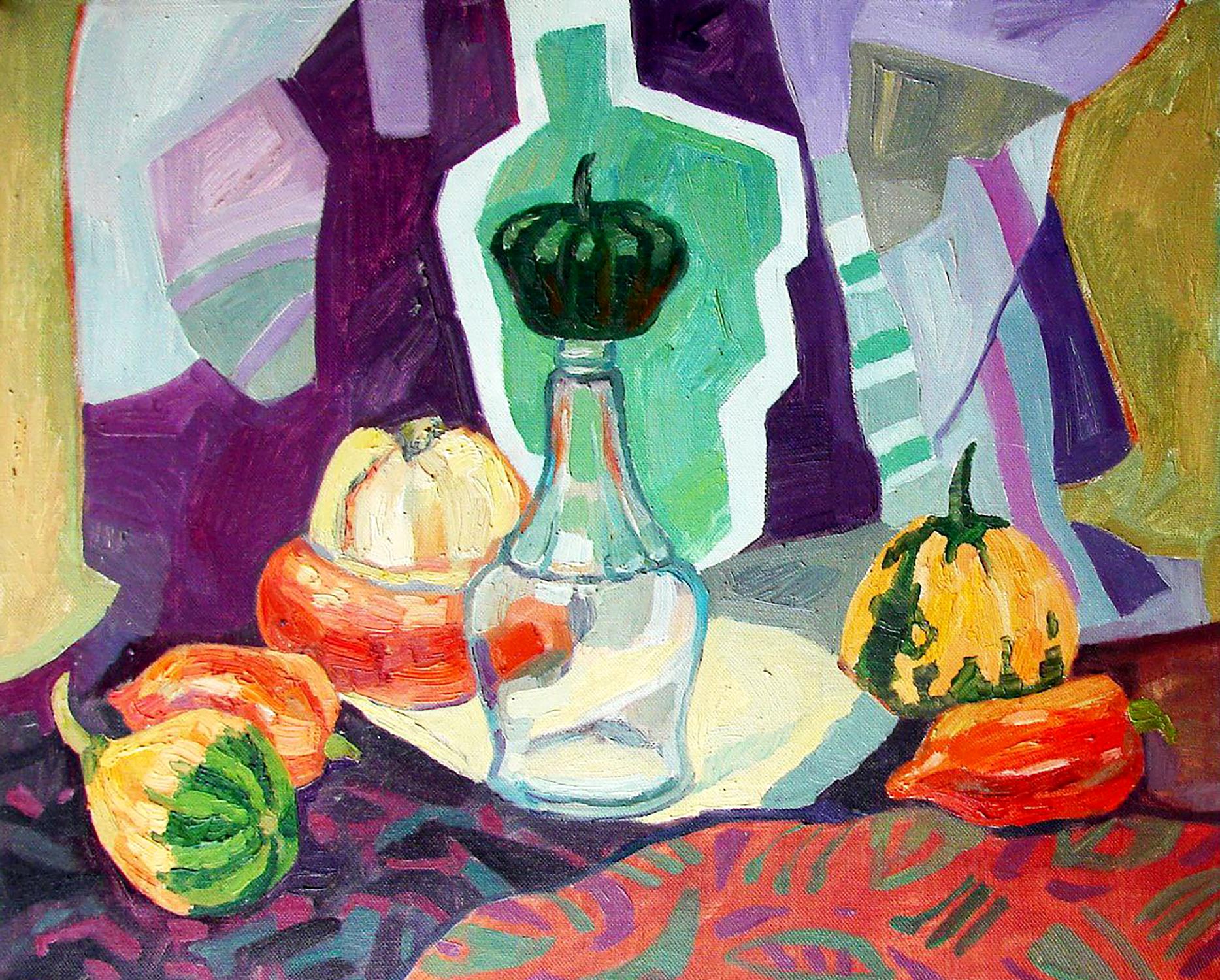 Oil painting by Tatyana Shulyak: dark green pumpkin on glass bottle neck