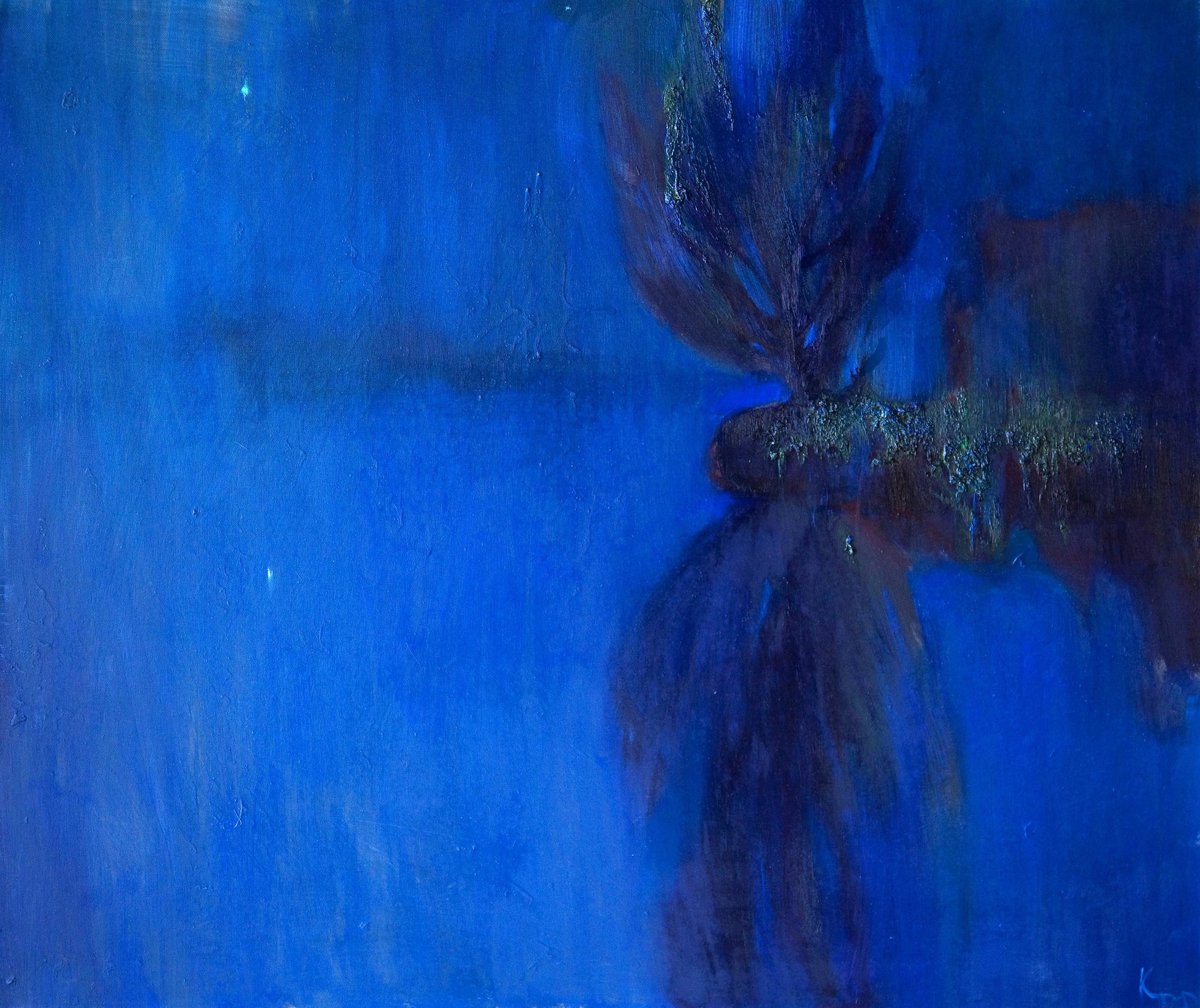 Oil painting Fog on the lake by Natalia Korf-Ivaniuk, dark textured form on blue background