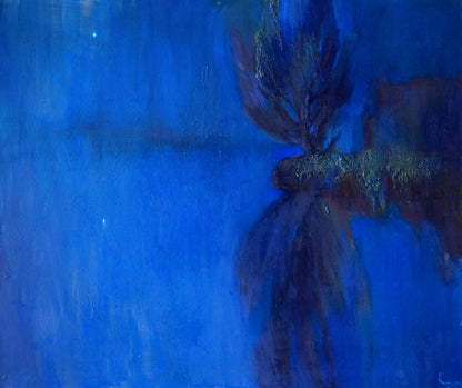 Oil painting Fog on the lake by Natalia Korf-Ivaniuk, dark textured form on blue background