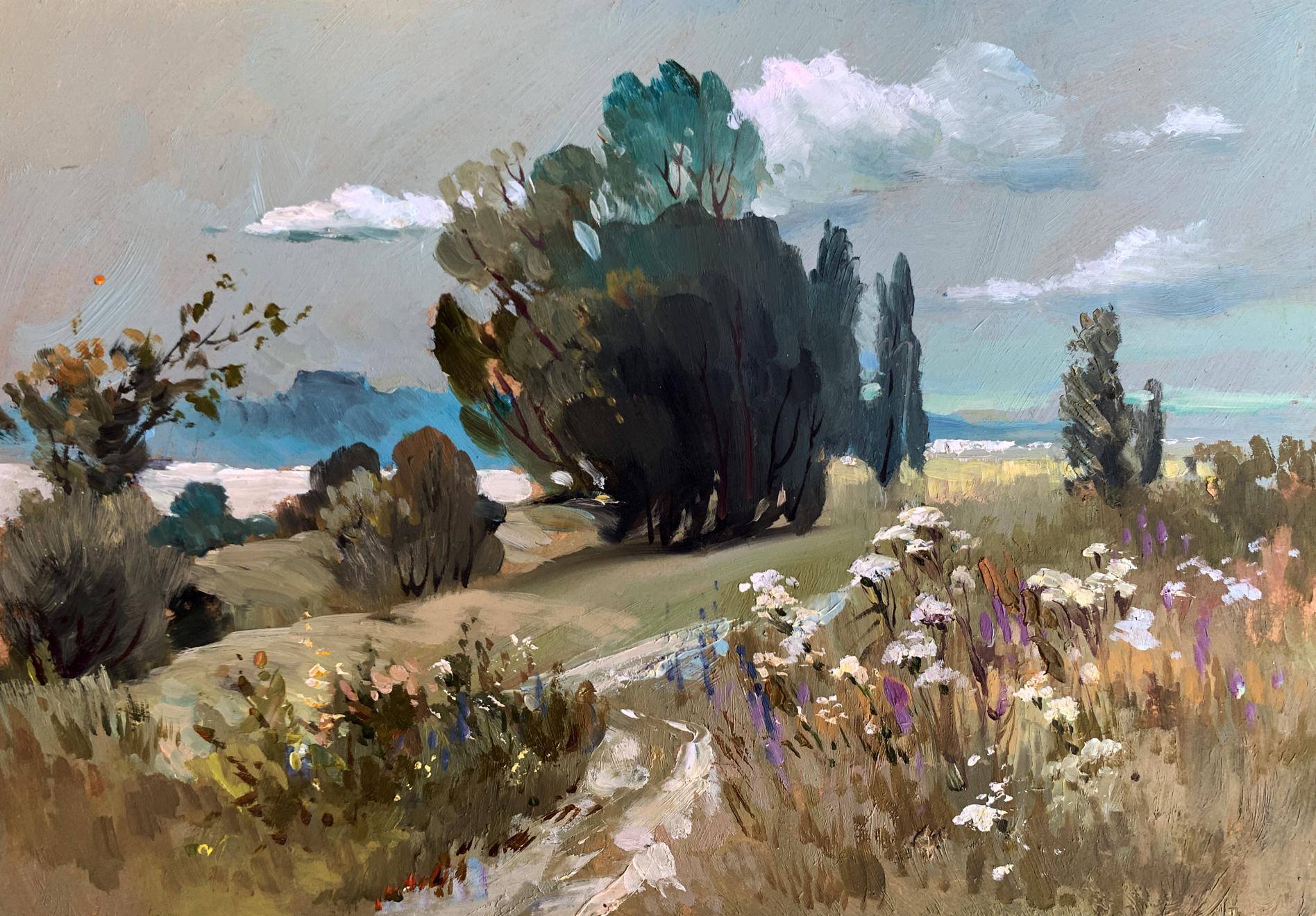 Oil painting Flower field by Yuriy Suprunchuk: impressionistic path through wildflowers