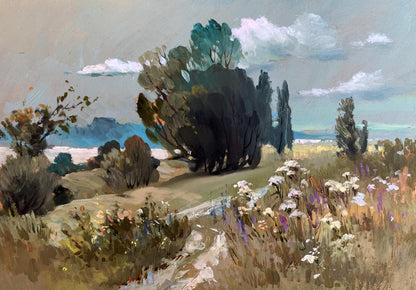 Oil painting Flower field by Yuriy Suprunchuk: impressionistic path through wildflowers