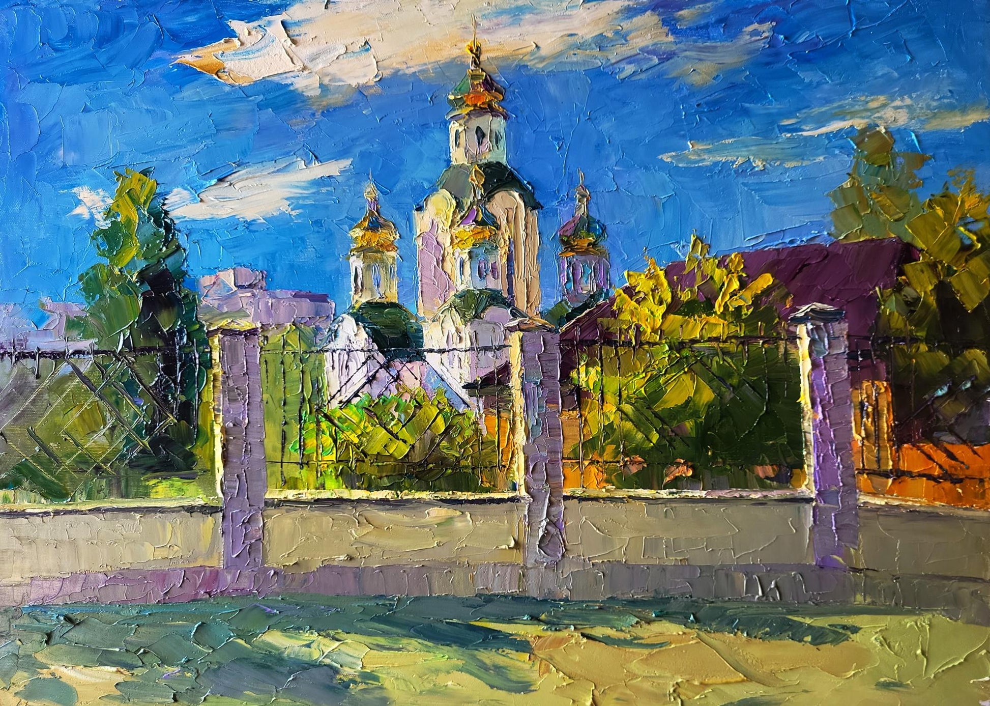 Vibrant impressionist oil painting of Sunny day church by Boris Serdyuk