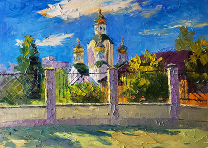 Vibrant impressionist oil painting of Sunny day church by Boris Serdyuk