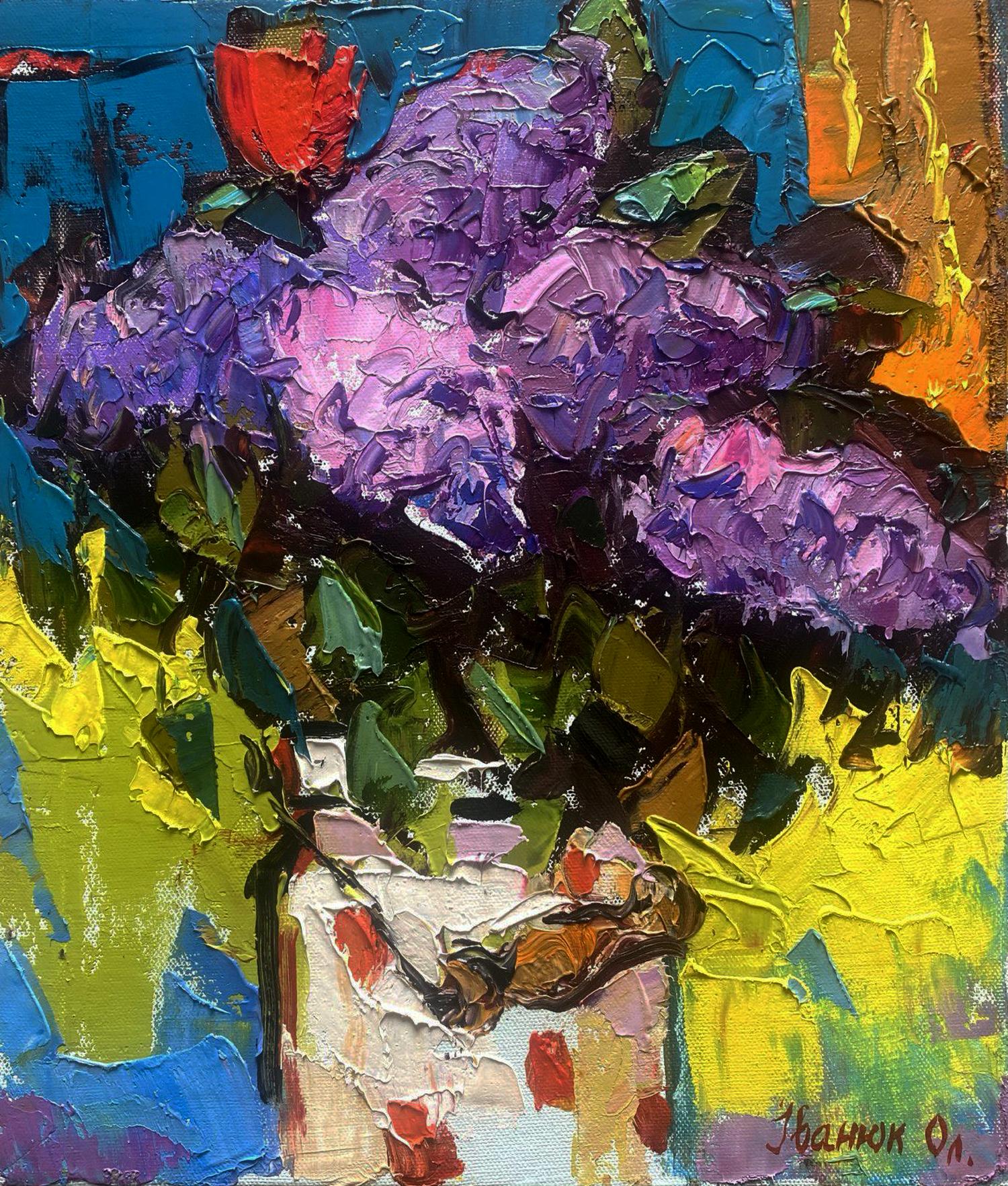 Oil painting of vibrant purple pink lilac in white vase by Oleksiy Ivanyuk