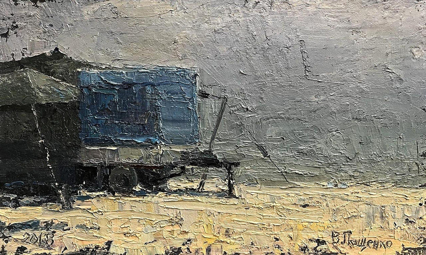 Oil painting of blue-tinted canvas-covered truck by Volodymyr Pashchenko