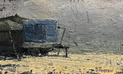 Oil painting of blue-tinted canvas-covered truck by Volodymyr Pashchenko