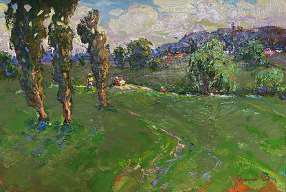 Vibrant Village Memories oil painting by Oleksiy Ivanyuk with green fields