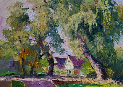 Textured impressionist oil painting Willows near the yard by Boris Serdyuk