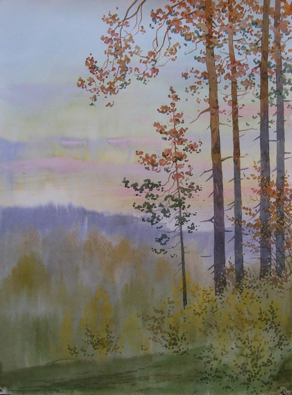 Watercolor painting Evening forest by Valery Savenets, tall trees with reddish-orange leaves