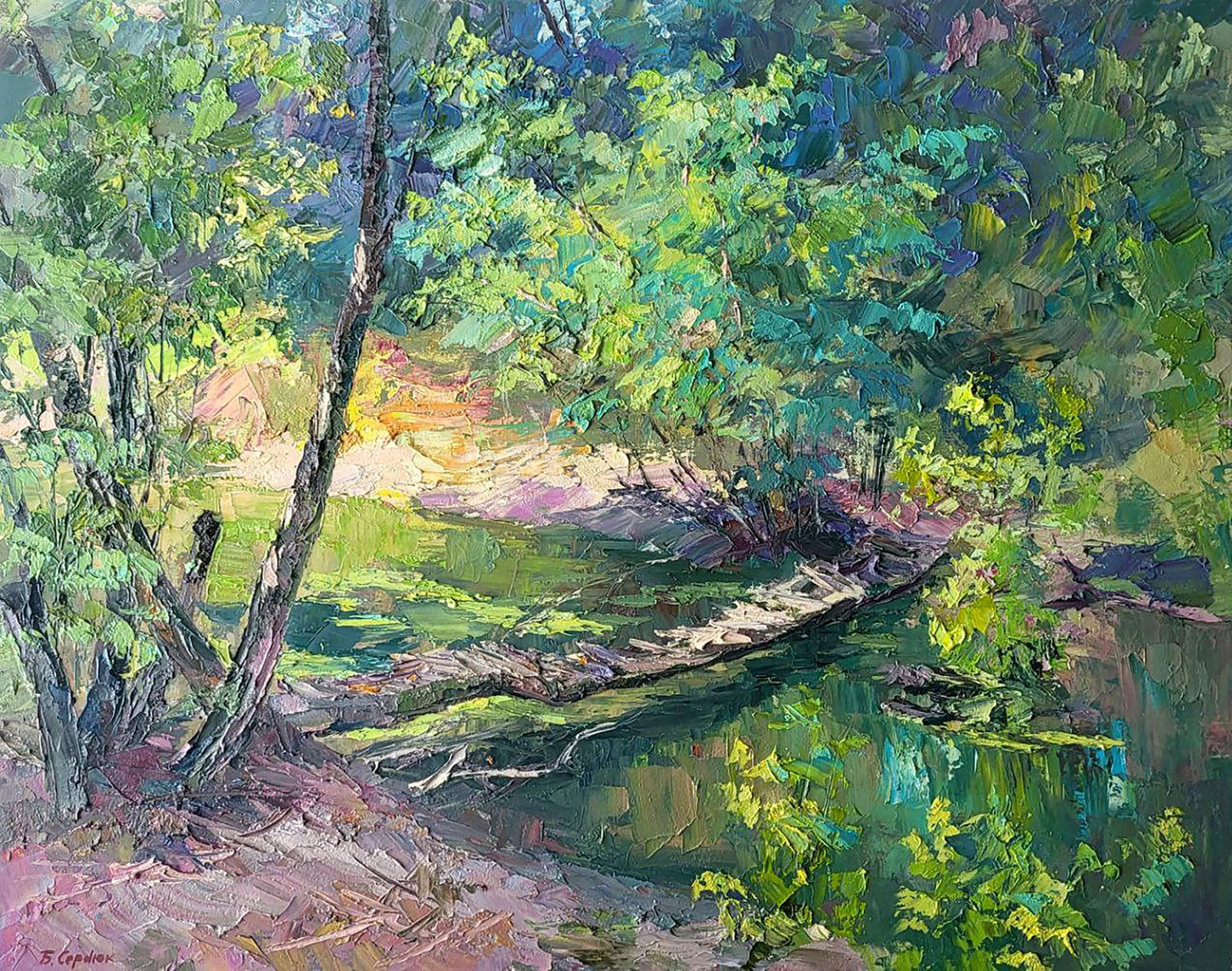 Vibrant impressionist oil painting by Boris Serdyuk of bridge over sun-dappled forest stream