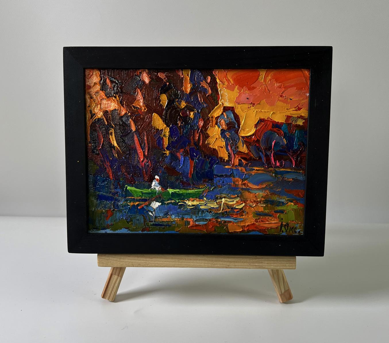 Oil painting Evening on the River by Oksana Ivanyuk in black frame