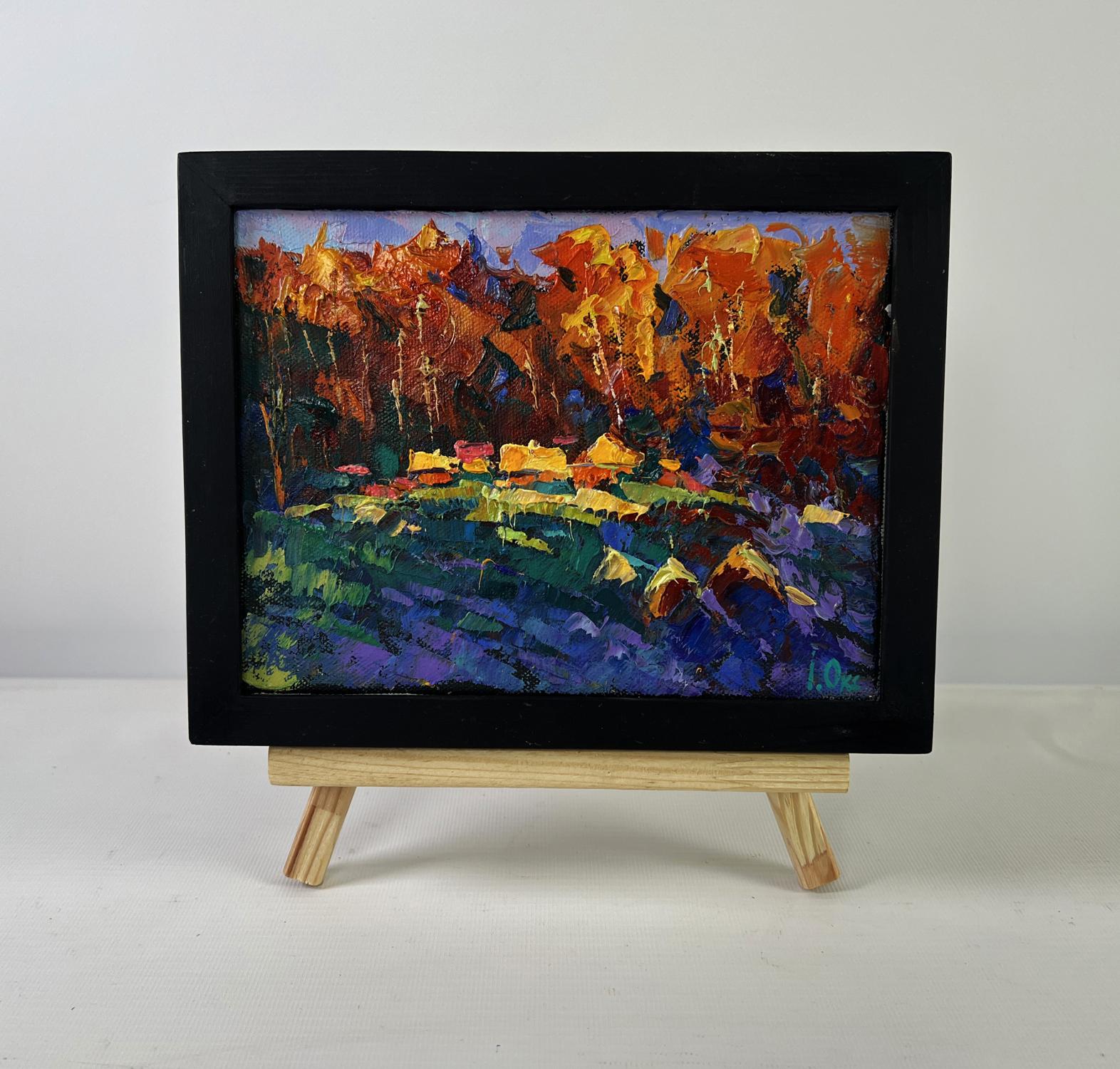 Vibrant oil painting Fires ignite darkness and silence by Oksana Ivanyuk in black frame